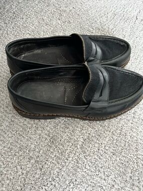 Women's Black Leather Penny Loafers - Classic Slip-On Flats size 37 or size 7.5